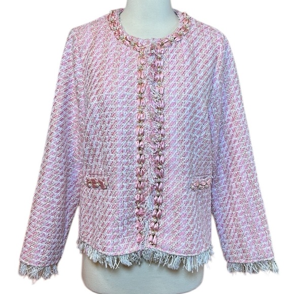 Michael Simon Pink Cream Tweed with Pearl and Gold Details Blazer Jacket size LP - Picture 17 of 17